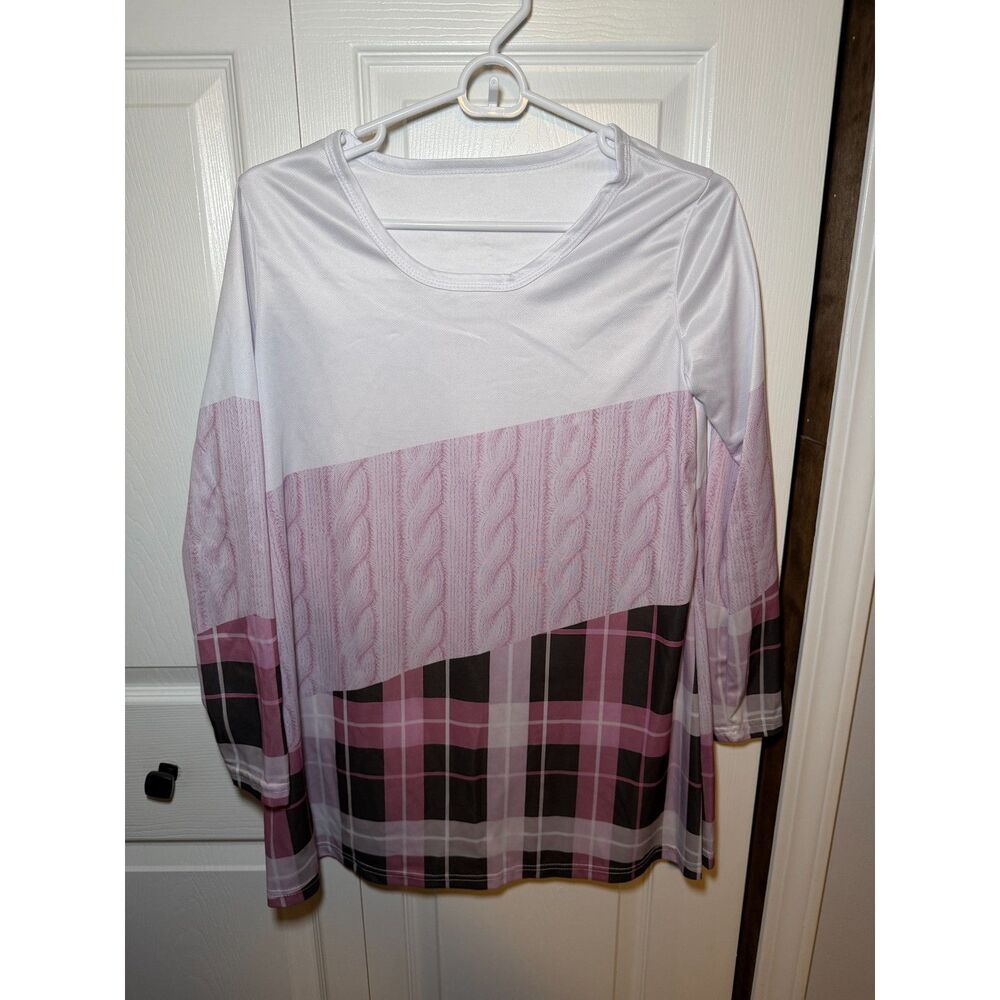 Women’s Medium Pink Plaid Cable Knit Print Colorblock Long Sleeve Top 1844